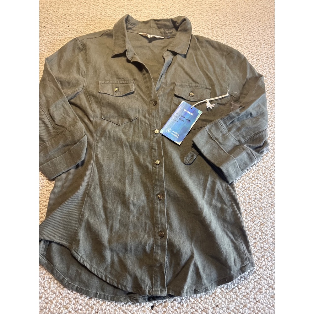 Cavalini Linen Collection Olive Green Button Down Shirt WTP104M Size S Utility